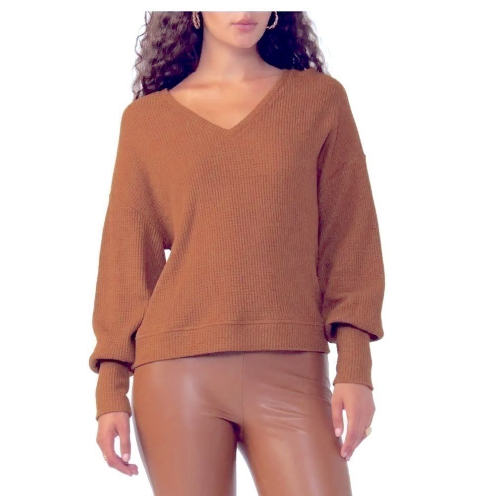 Sanctuary Highline Blouson Sleeve Waffle Knit Top  brown size XL